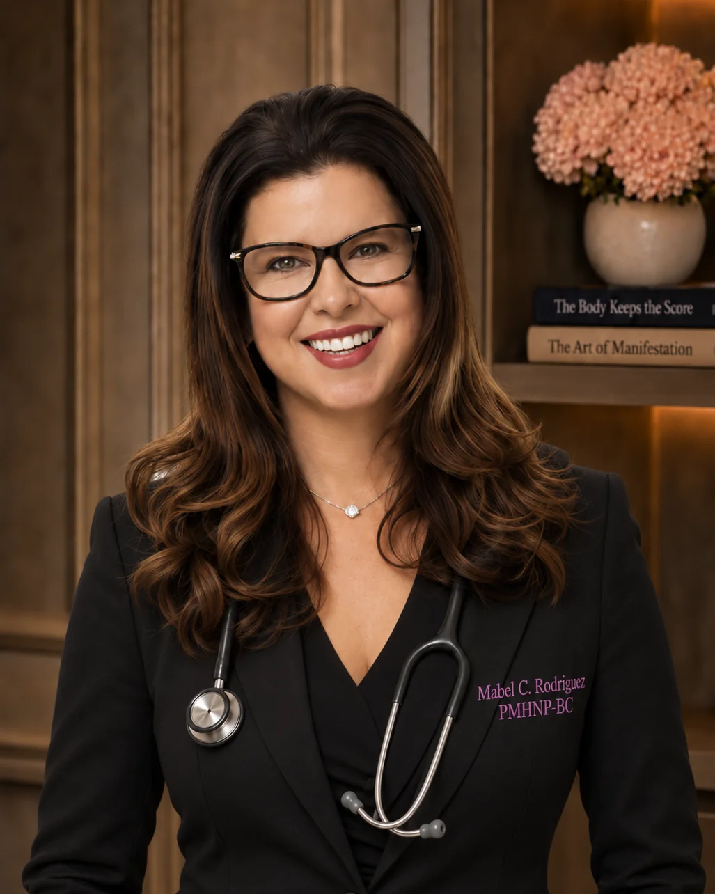 Mabel C. Rodriguez, PMHNP-BC, in a navy blazer with a stethoscope in a wood-paneled office